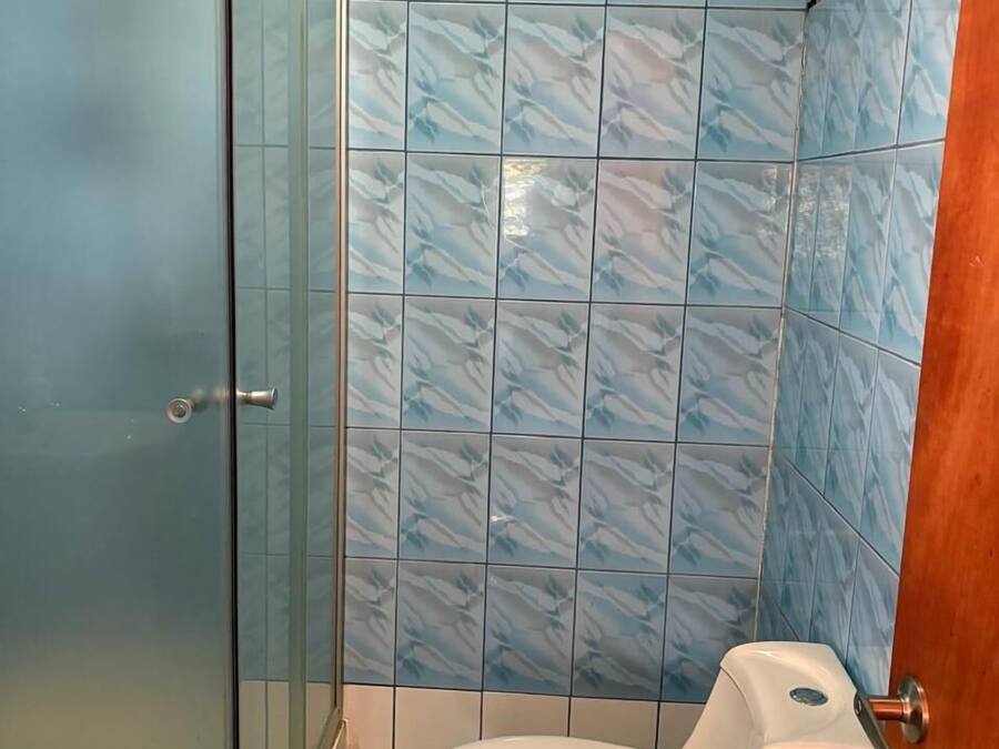 Un baño con cabina de ducha de vidrio, inodoro y azulejos con diseño de mármol azul.