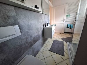 Shower, hair dryer, towels, toilet paper