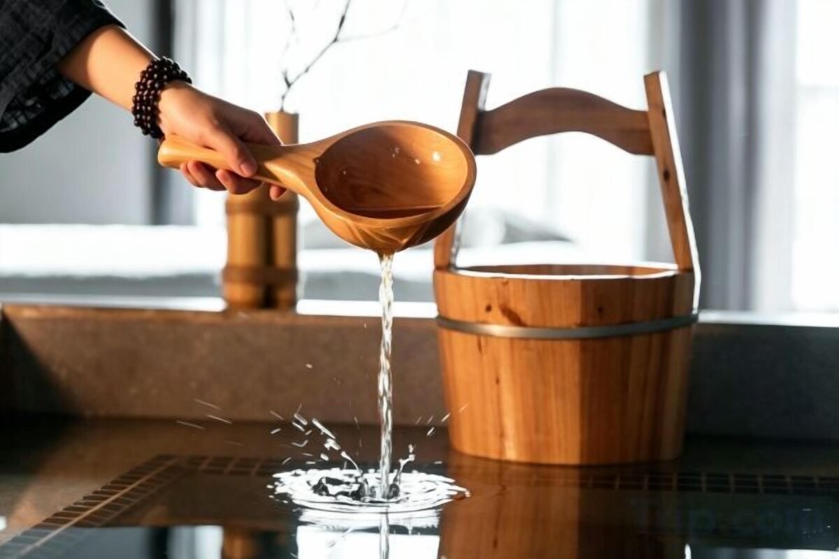 Une louche en bois verse un liquide sur une surface réfléchissante.