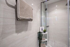 Hair dryer, towels, soap, toilet paper