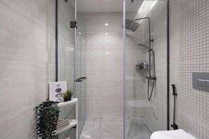 Hair dryer, towels, soap, toilet paper