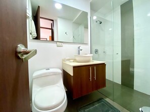 Bathroom features a white toilet, a vessel sink, and a glass-enclosed shower area.