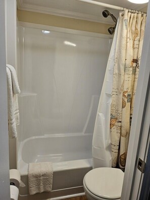 Douche, serviettes fournies, savon, papier toilette