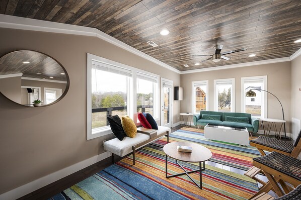 Smart TV, fireplace, DVD player, foosball