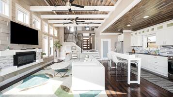 Smart TV, fireplace, DVD player, foosball