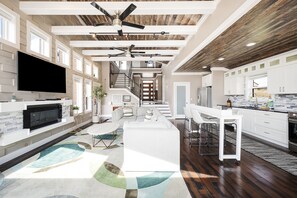 Smart TV, fireplace, DVD player, foosball