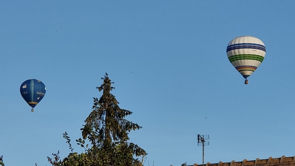 Trois montgolfières dans le ciel, avec un arbre et un bâtiment au premier plan.