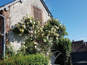 Un bâtiment doté d’une façade en pierre et d’une fenêtre à volets en bois.