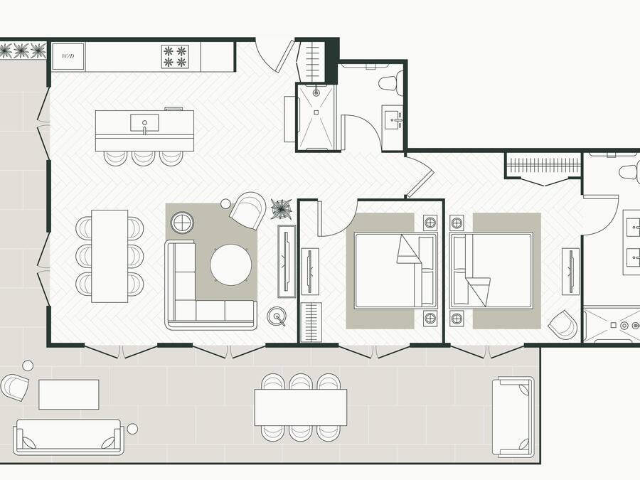 Plano de un hotel que muestra sala de estar, comedor, cocina y dos baños.