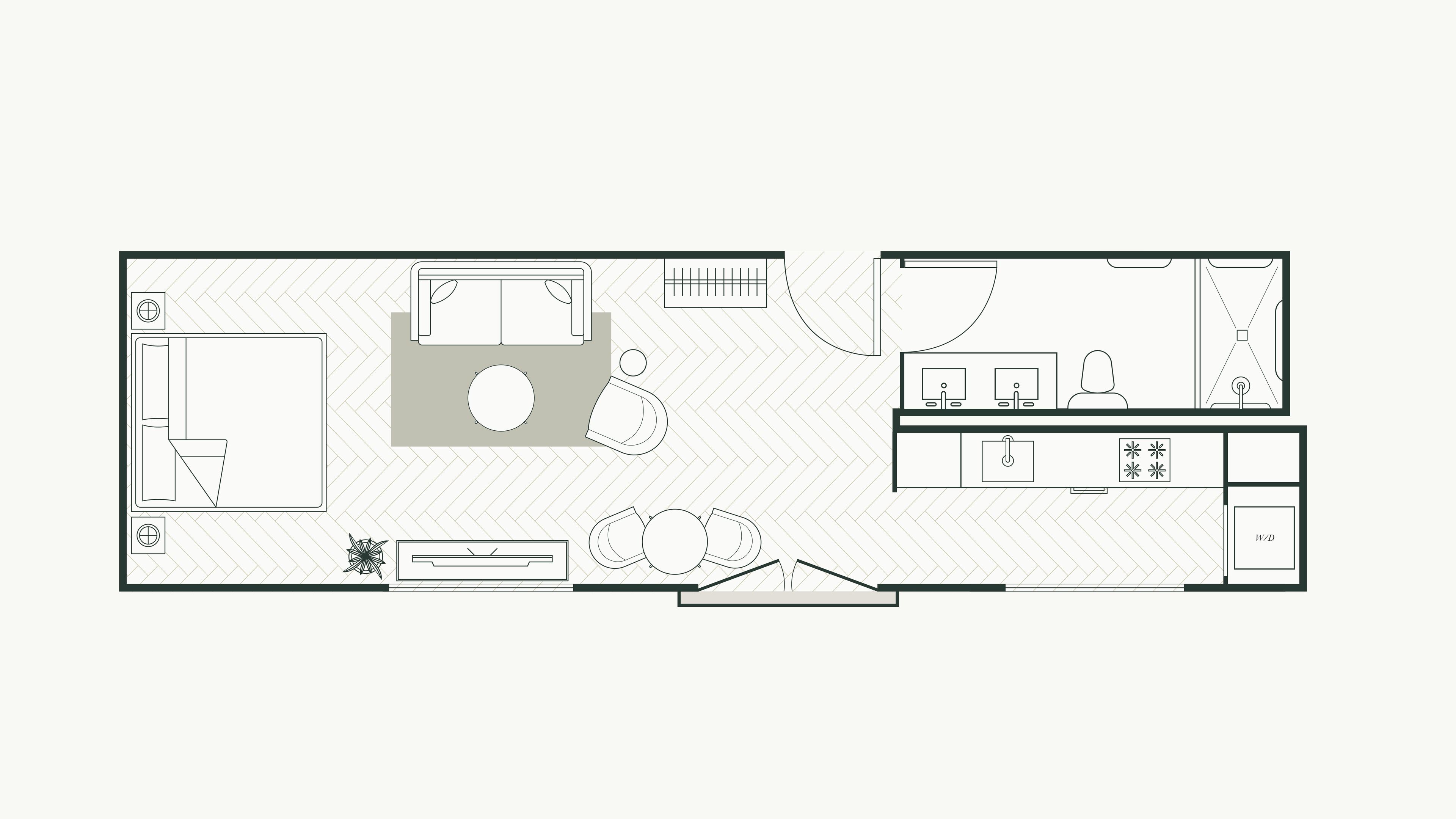 A floor plan of a hotel room with a bed, a desk, a chair, a small table, and a window.