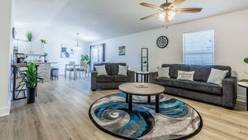 Smart TV, fireplace, video games, books