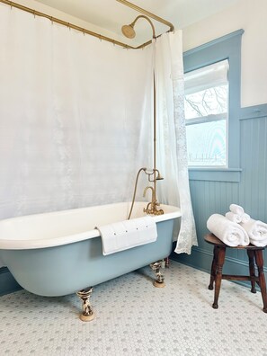 Hair dryer, towels, soap, toilet paper