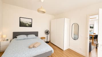 1 bedroom, desk, iron/ironing board, travel crib