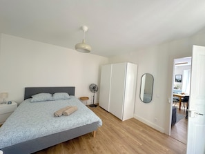 1 bedroom, desk, iron/ironing board, travel cot