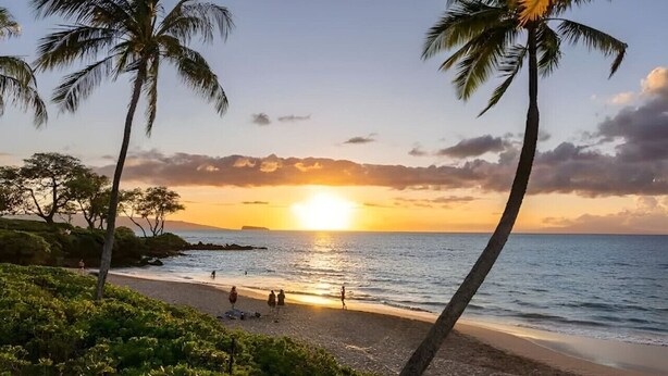 A beach with palm trees, a sunset, and a calm sea. - Walk to Beach! Pool, Hot Tub + AC Studio (Kihei)