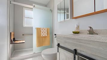 Douche, sèche-cheveux, serviettes fournies, savon