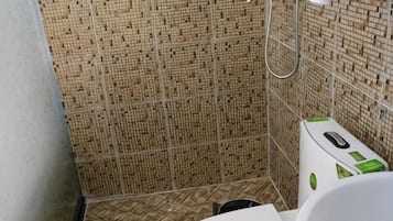 A bathroom with patterned tiles, a shower, and a toilet with green accents.