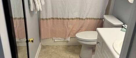 Kylpyhuone, jossa on wc, pesuallas ja suihkuverho.