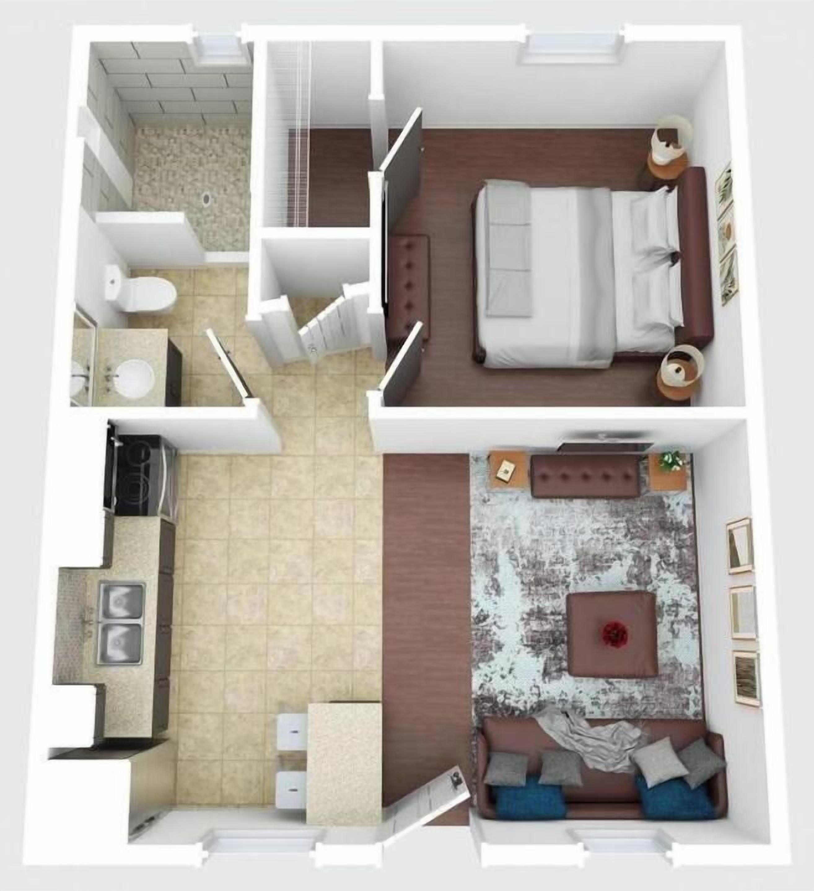 Indeling van een appartement met twee slaapkamers, een keuken, badkamer en woonruimte.