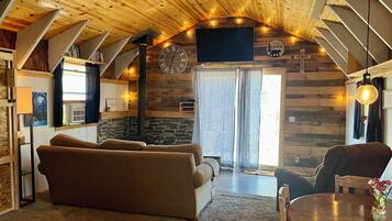 Smart TV, fireplace, DVD player, books