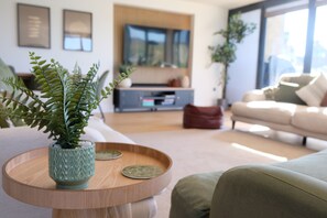 Smart TV, fireplace, video games, DVD player