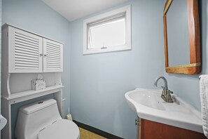 Hair dryer, towels, soap, toilet paper