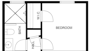 Een plattegrond met een keuken, woonkamer, slaapkamer, badkamer en gang.