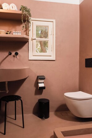 Shower, hair dryer, towels, toilet paper