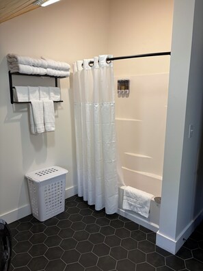 Hair dryer, towels, soap, toilet paper