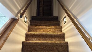 A carpeted staircase with wooden handrails and a door at the top.