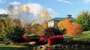 A serene landscape with a pond, autumn foliage, and a building with a green roof.
