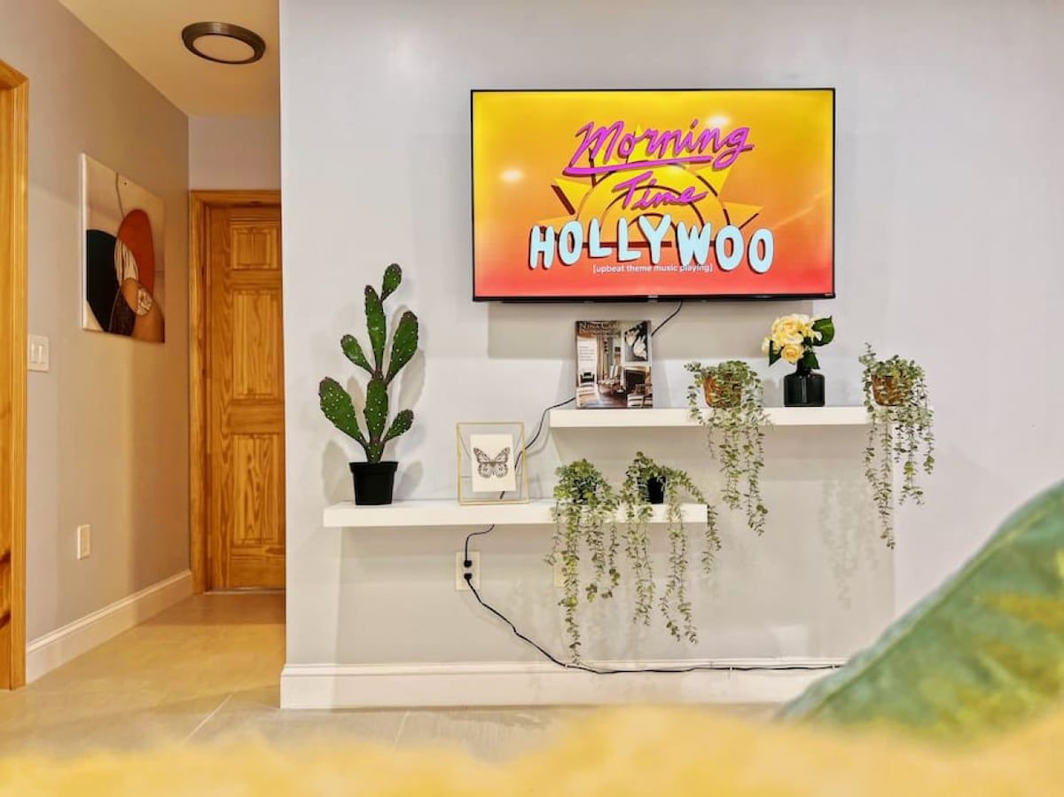 Un salon avec un téléviseur à écran plat diffusant l’émission « Morning Time Hollywood », un cactus et des étagères remplies de plantes et de livres.