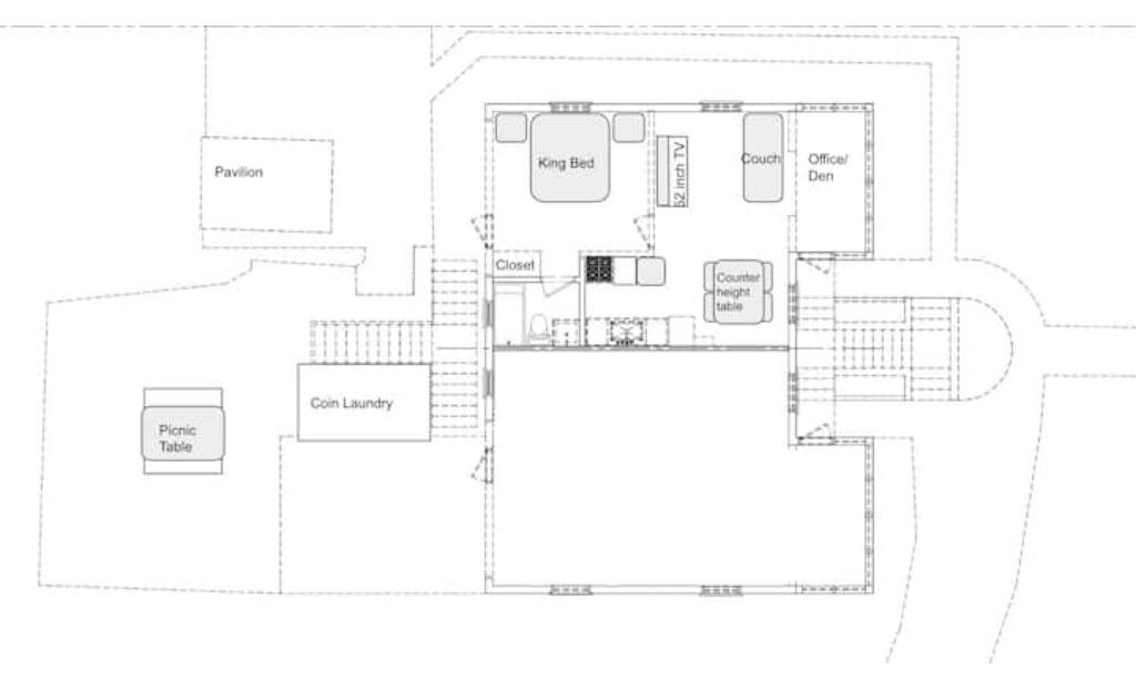 Plano de planta que muestra una cama tamaño King, sofá, espacio de oficina/sala, mesa de picnic, lavandería con monedas y un pabellón.