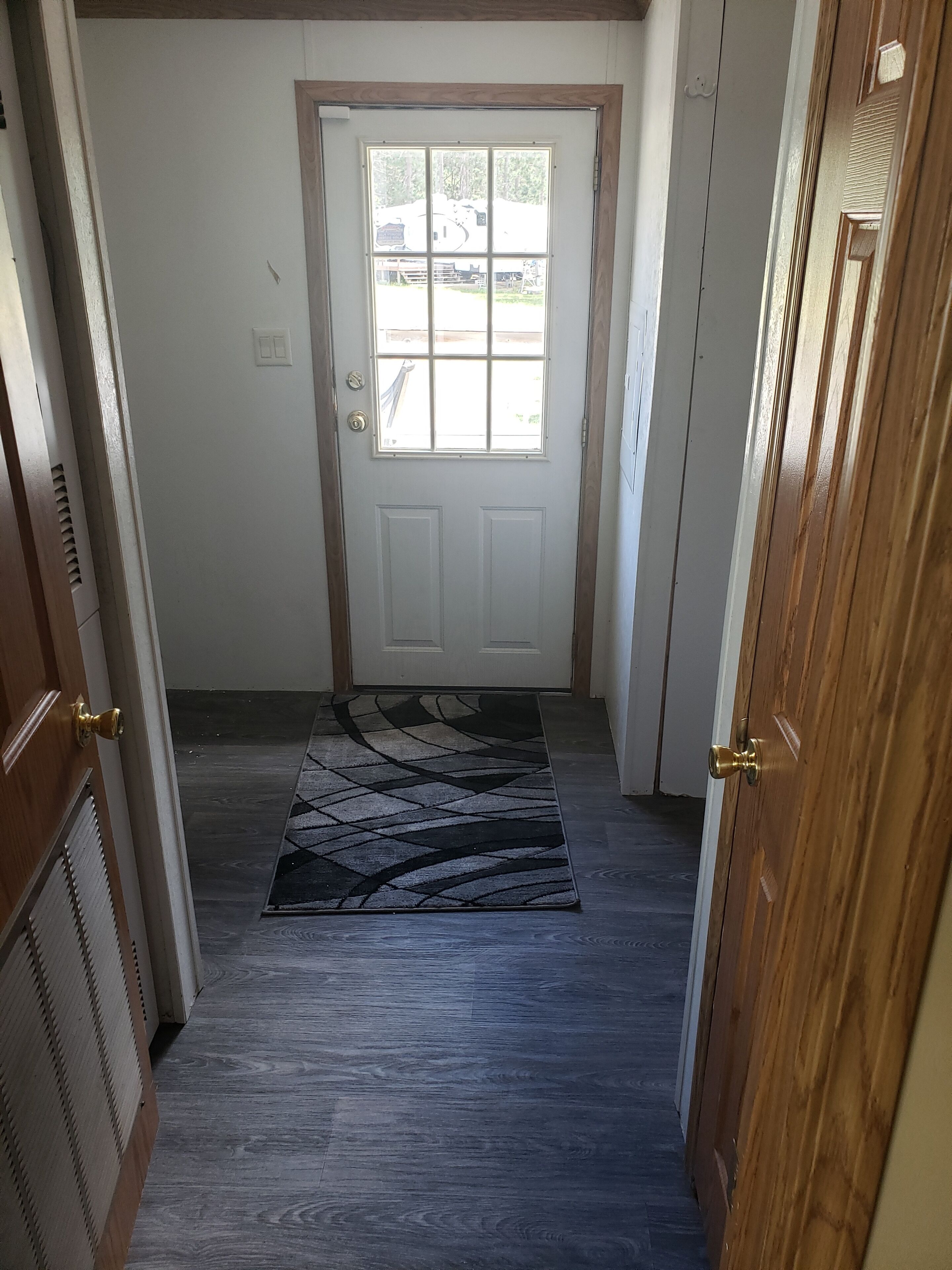 A hallway with a wooden door, a patterned rug, and a view of the outside.