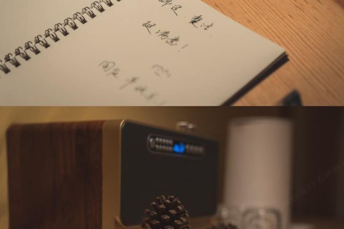 A spiral notebook with handwritten notes and a pine cone on a wooden surface.