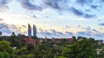 A cityscape with two prominent skyscrapers, a mix of greenery, and a variety of buildings in the foreground.