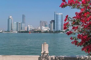 Un horizonte urbano con edificios modernos a través de una masa de agua.