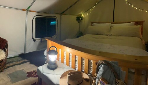 Glamping at Arcady Ridge Ranch-Canvas Tent, Queen Bed, Running Water + Wifi