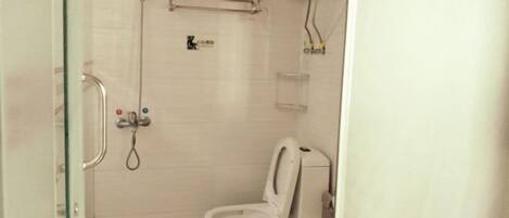 A small, compact bathroom with a toilet, a shower, and a glass-enclosed shower stall.