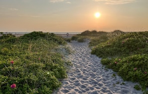 Un sentier sablonneux menant à une plage, avec un ciel dégagé et le soleil se couchant ou se levant.