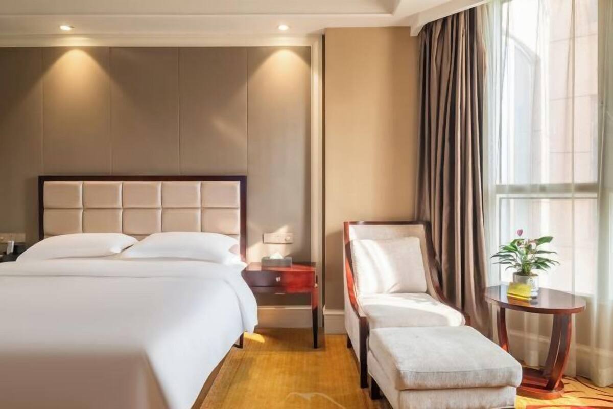 A hotel room with a large bed, a bedside table, a chair, a small table with a plant, and a window with curtains.