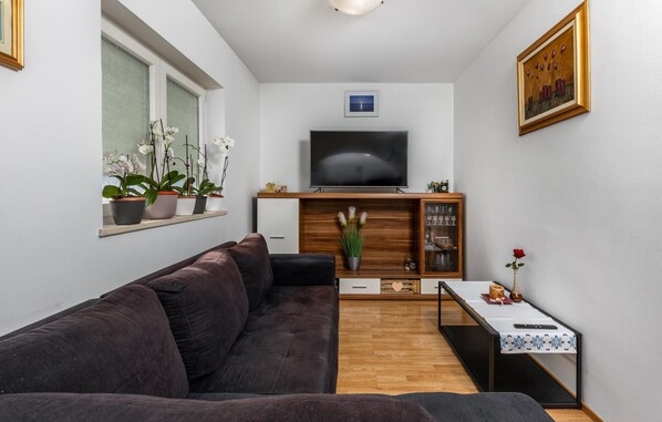 A compact living space with a dark brown sofa, a flat-screen TV mounted above a wooden cabinet, and a small table with a vase of flowers. - 2 bedroom awesome apartment in Novi Vinodolski (Novi Vinodolski)