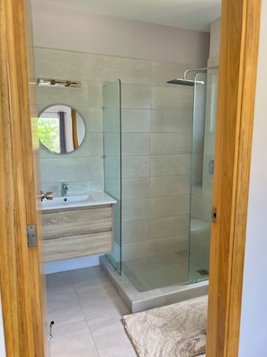 Shower, towels, toilet paper