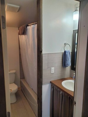 A bathroom with a shower, toilet, and sink.