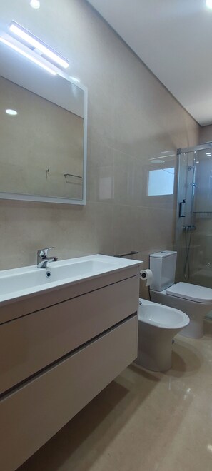 Shower, hair dryer, bidet, towels