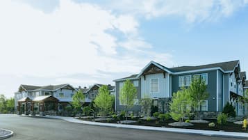 Un quartier résidentiel avec des maisons modernes, une allée couverte et une pelouse bien entretenue.
