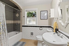 Hair dryer, towels, soap, toilet paper