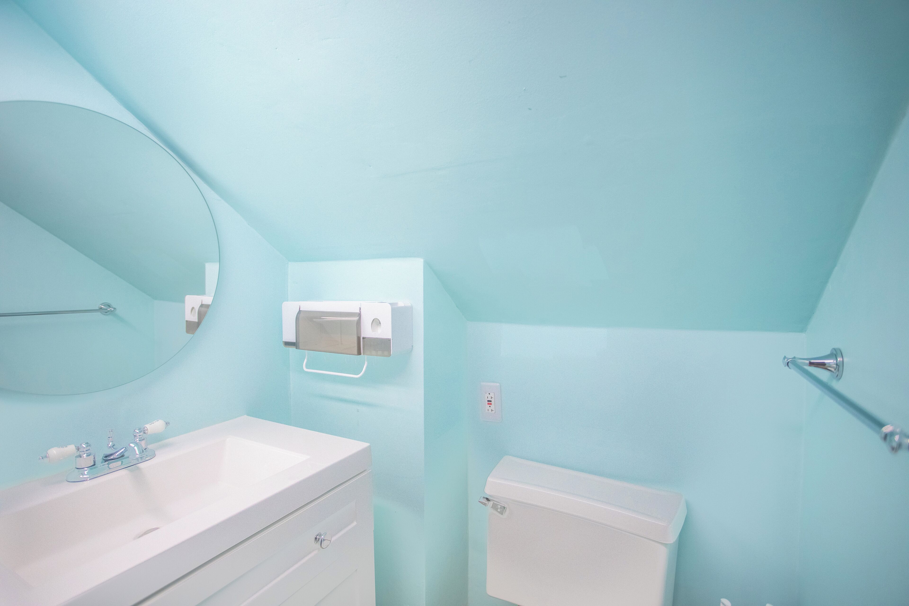 Hair dryer, towels, soap, toilet paper