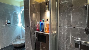 Shower, hair dryer, bidet, towels