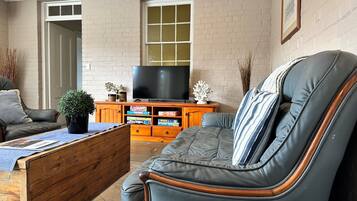 Smart TV, lareira, DVD player, livros